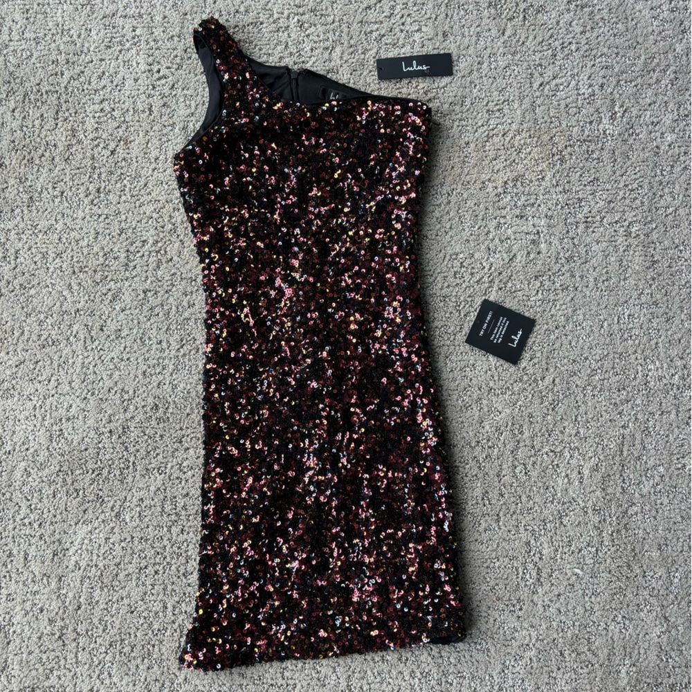 Lulus Just Tonight Black Multi Sequin One-Shoulder Bodycon Dress